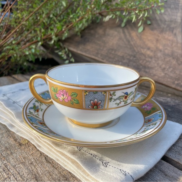 Antique U.C. Limoges France Double Handled Bouillon Cup & Saucer Vintage - Picture 1 of 16